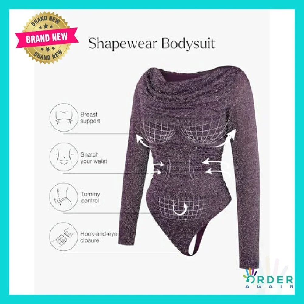 Sparkly Long Sleeve Bodysuit Off Shoulder Tummy Control Shapewear Chic